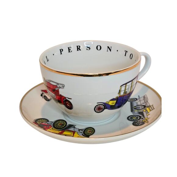 Princess House Porcelain Teacup & Saucer Vintage Car Design Inscribed Gold Trim - Picture 1 of 10